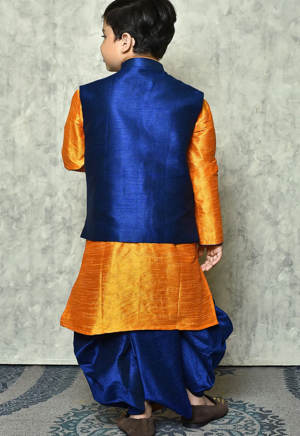 Contrast Trim Dupion Dhoti Kurta Jacket in Orange and Blue