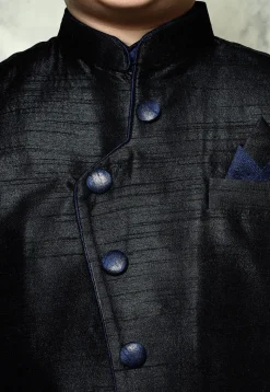 Contrast Trim Dupion Dhoti Kurta Jacket in Navy Blue and Black