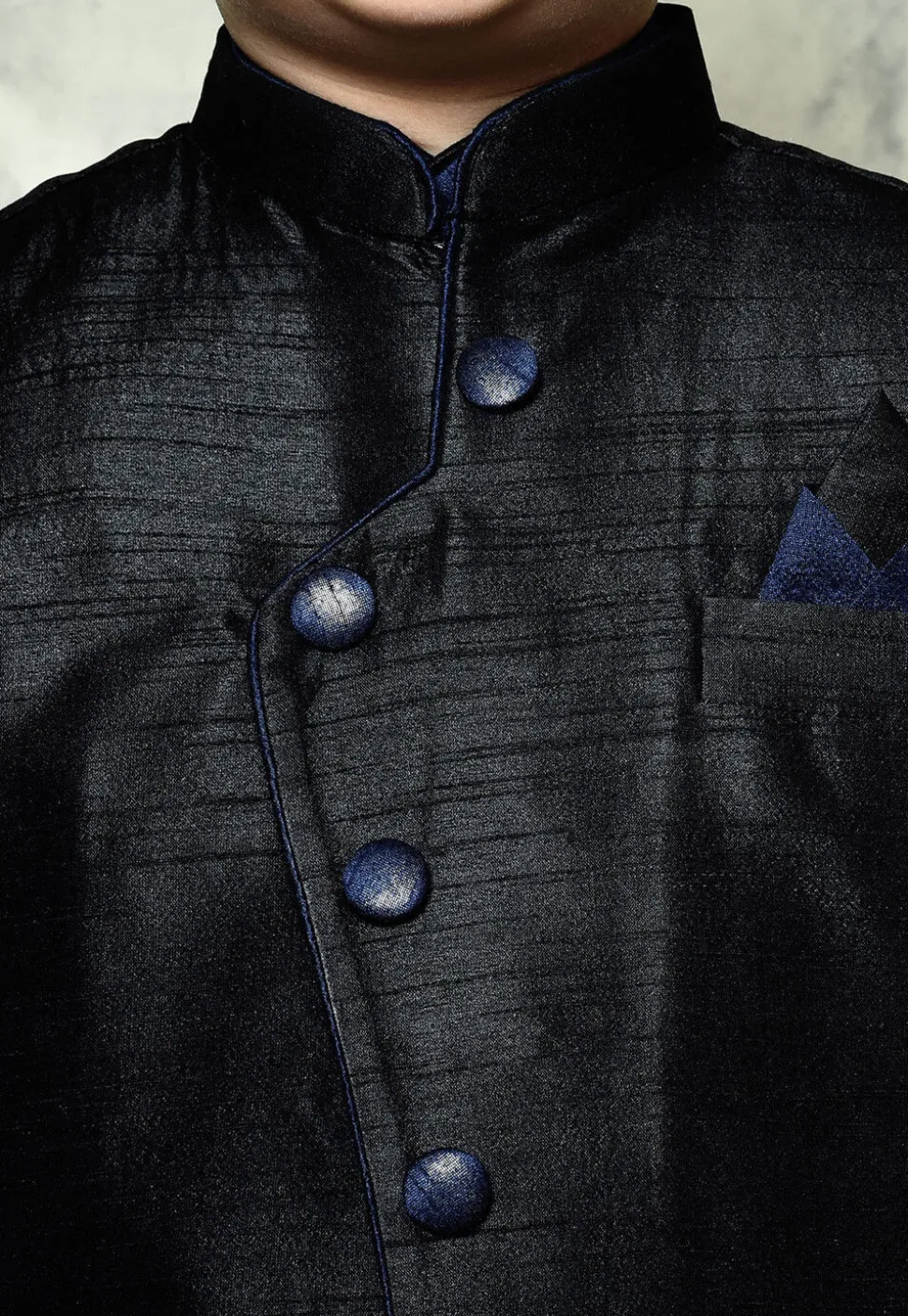 Contrast Trim Dupion Dhoti Kurta Jacket in Navy Blue and Black