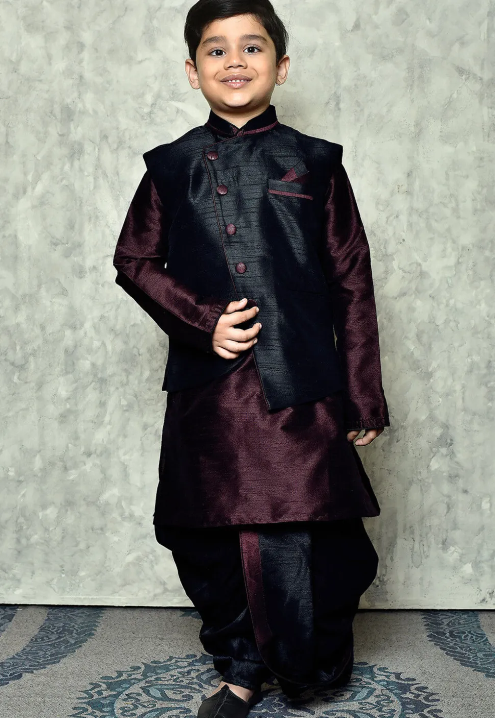 Contrast Trim Dupion Dhoti Kurta Jacket Set in Wine and Black