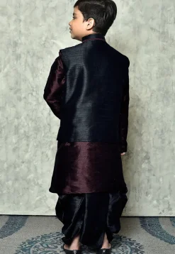 Contrast Trim Dupion Dhoti Kurta Jacket Set in Wine and Black