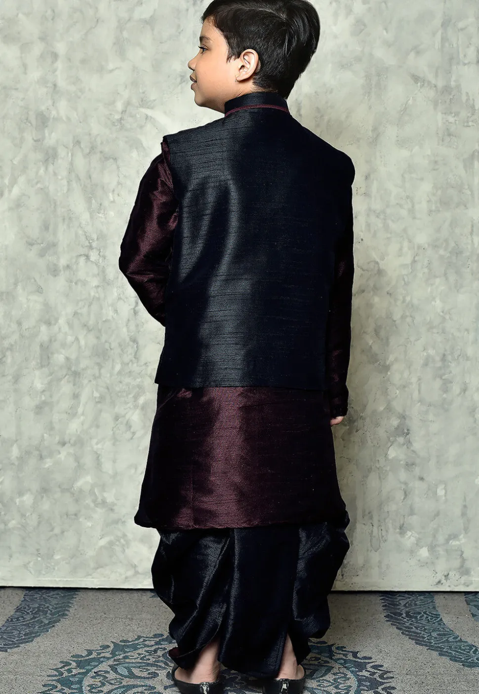 Contrast Trim Dupion Dhoti Kurta Jacket Set in Wine and Black