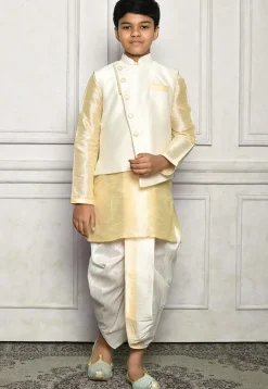 Contrast Trim Dupion Dhoti Kurta Jacket in Light Beige and White