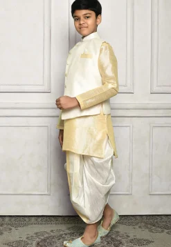 Contrast Trim Dupion Dhoti Kurta Jacket in Light Beige and White