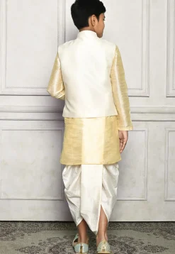 Contrast Trim Dupion Dhoti Kurta Jacket in Light Beige and White