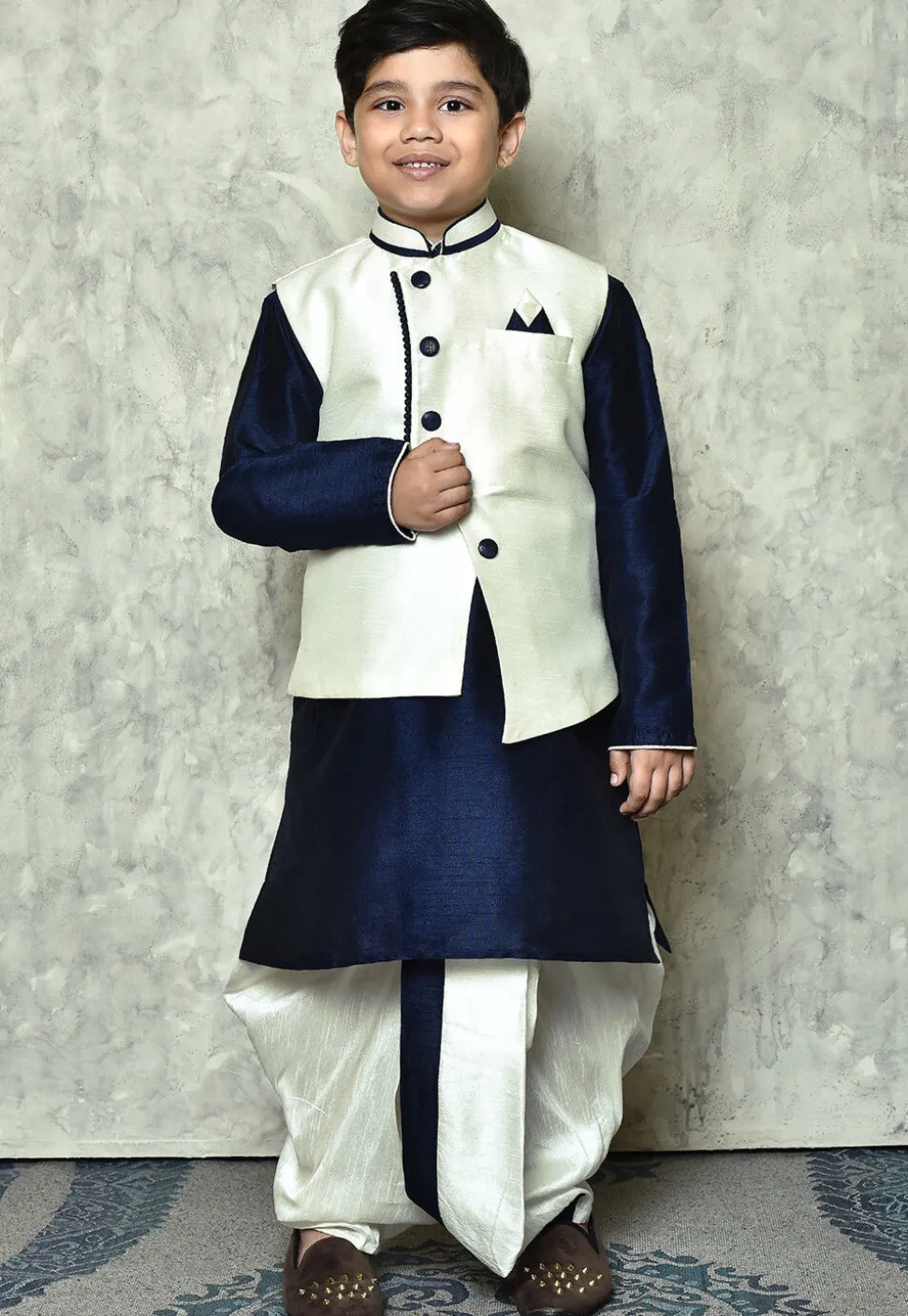 Contrast Trim Dupion Dhoti Kurta Jacket in Navy Blue and White