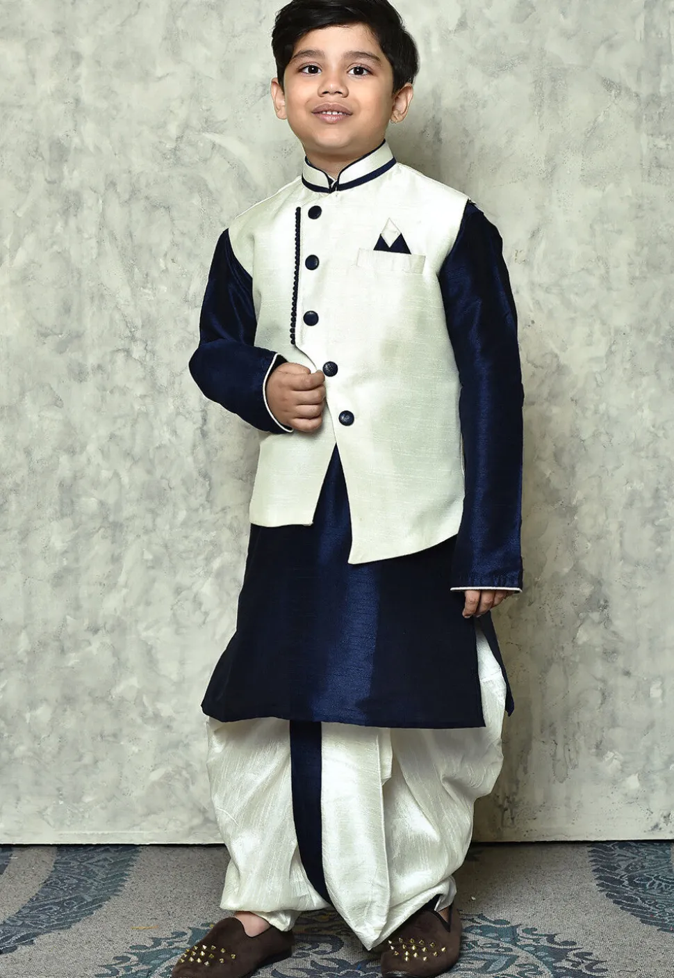 Contrast Trim Dupion Dhoti Kurta Jacket in Navy Blue and White