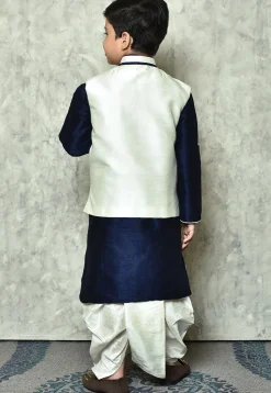 Contrast Trim Dupion Dhoti Kurta Jacket in Navy Blue and White