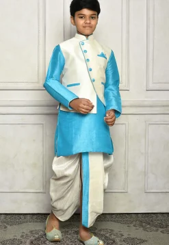 Contrast Trim Dupion Dhoti Kurta Jacket in Blue and White