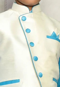 Contrast Trim Dupion Dhoti Kurta Jacket in Blue and White