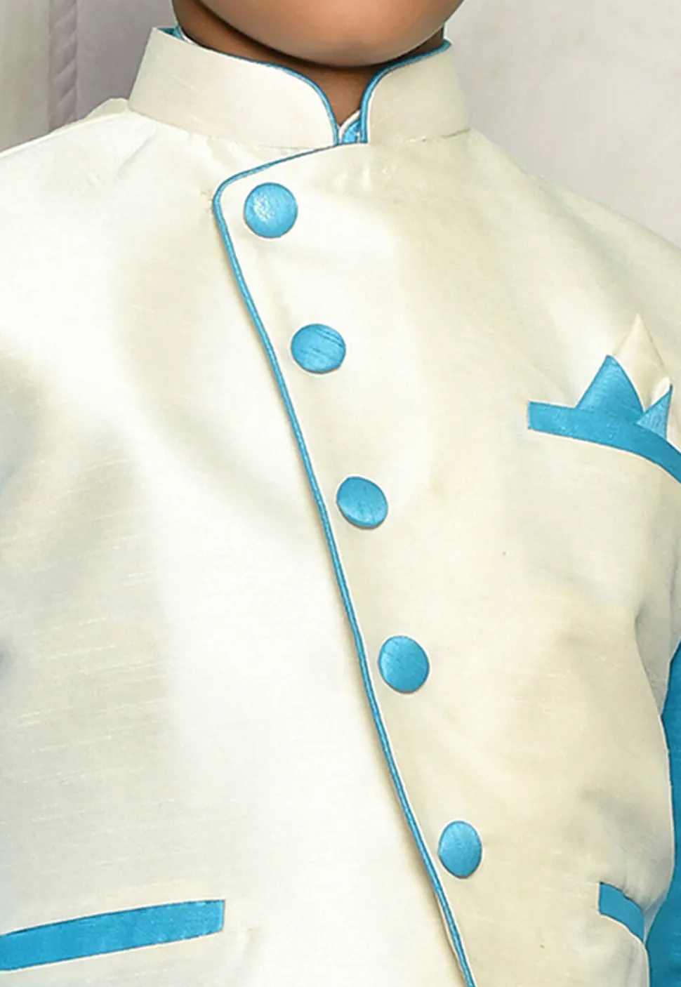 Contrast Trim Dupion Dhoti Kurta Jacket in Blue and White