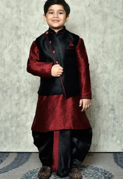 Contrast Trim Dupion Dhoti Kurta Jacket in Maroon and Black