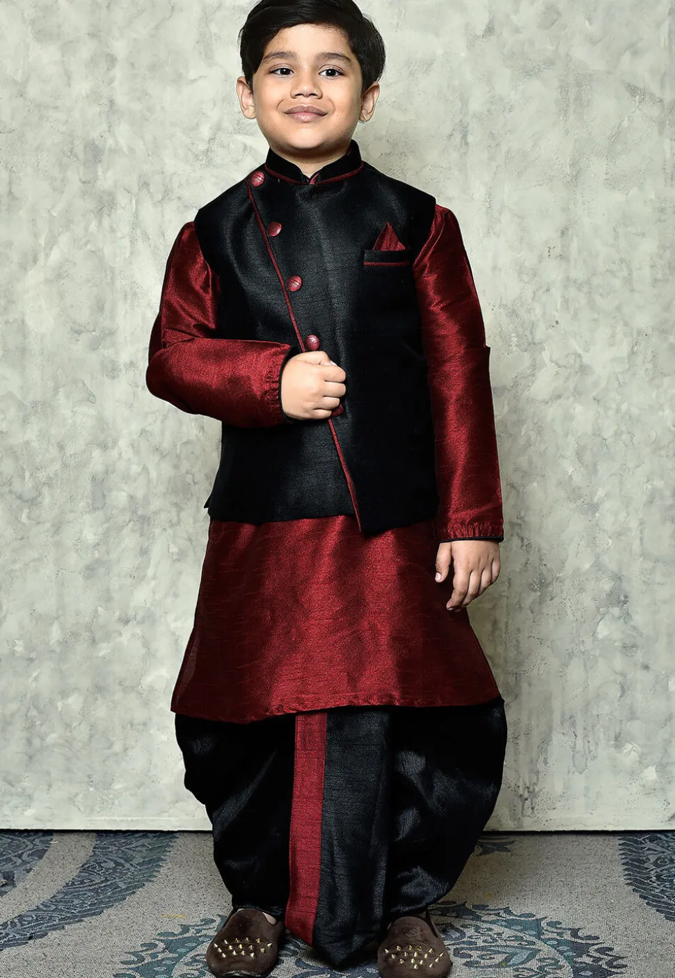 Contrast Trim Dupion Dhoti Kurta Jacket in Maroon and Black