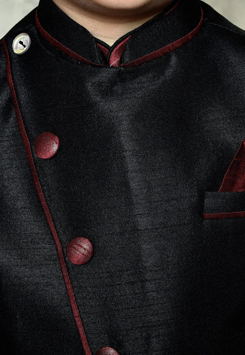 Contrast Trim Dupion Dhoti Kurta Jacket in Maroon and Black