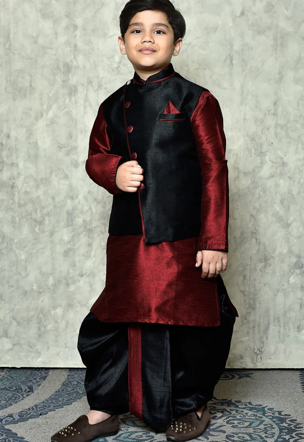 Contrast Trim Dupion Dhoti Kurta Jacket in Maroon and Black