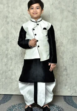 Contrast Trim Dupion Dhoti Kurta Jacket Set in Black and White