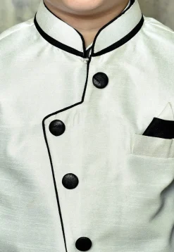 Contrast Trim Dupion Dhoti Kurta Jacket Set in Black and White