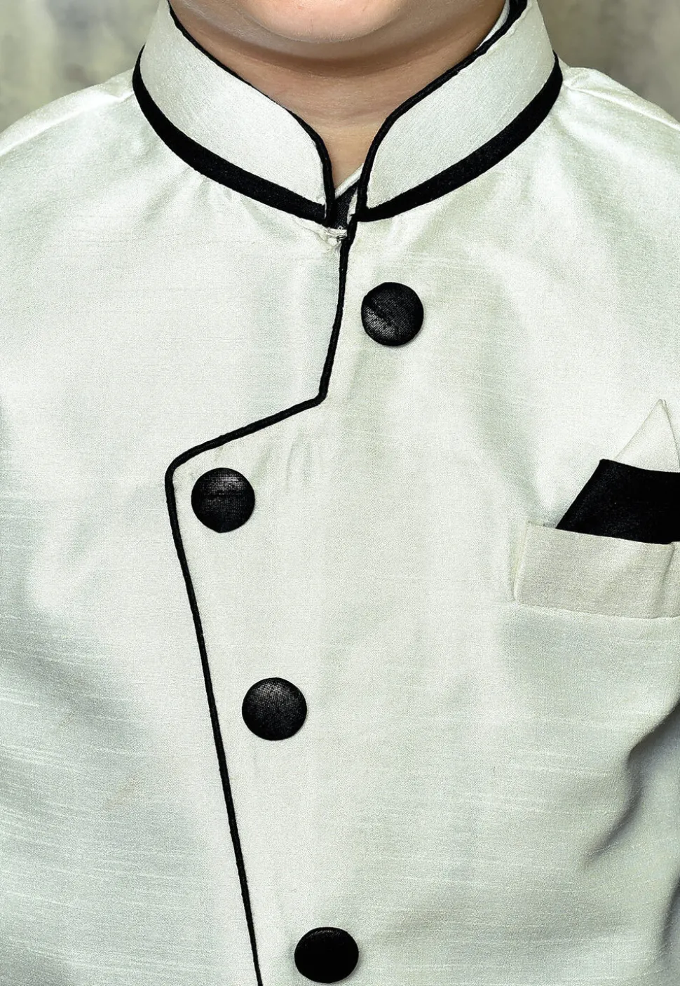 Contrast Trim Dupion Dhoti Kurta Jacket Set in Black and White