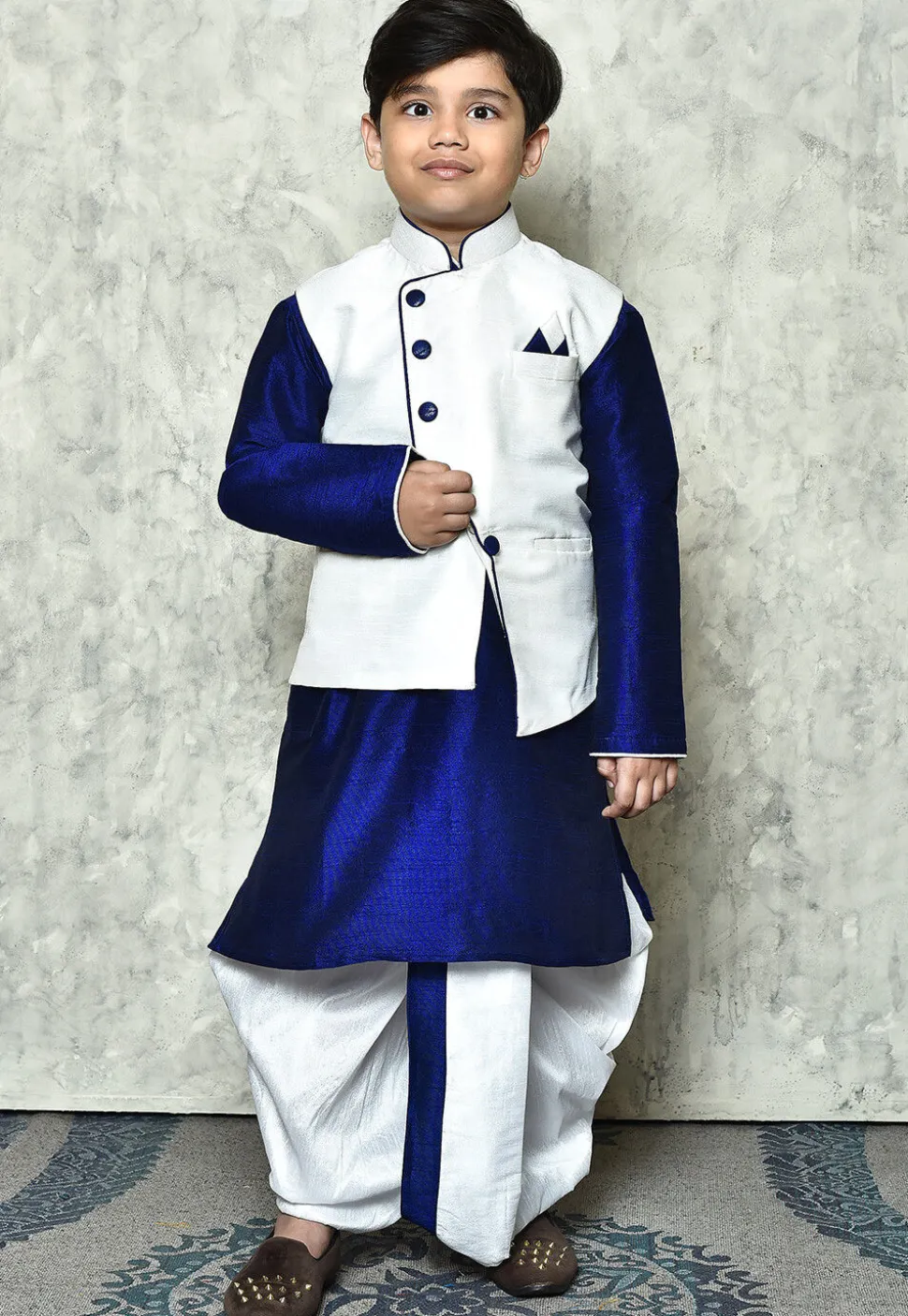 Contrast Trim Dupion Dhoti Kurta Jacket in Royal Blue and White