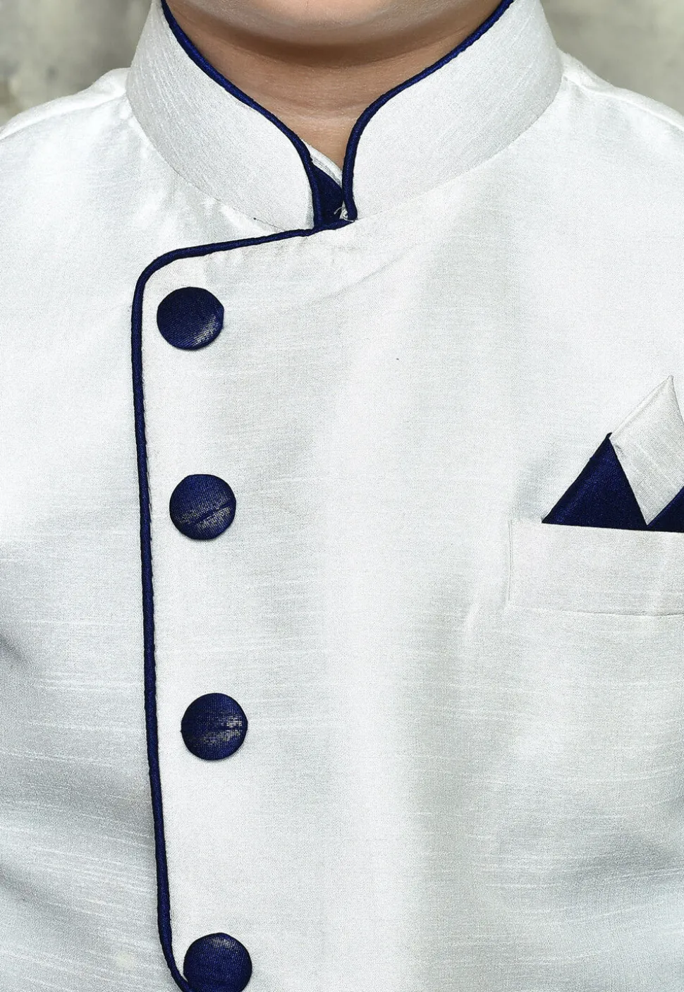 Contrast Trim Dupion Dhoti Kurta Jacket in Royal Blue and White