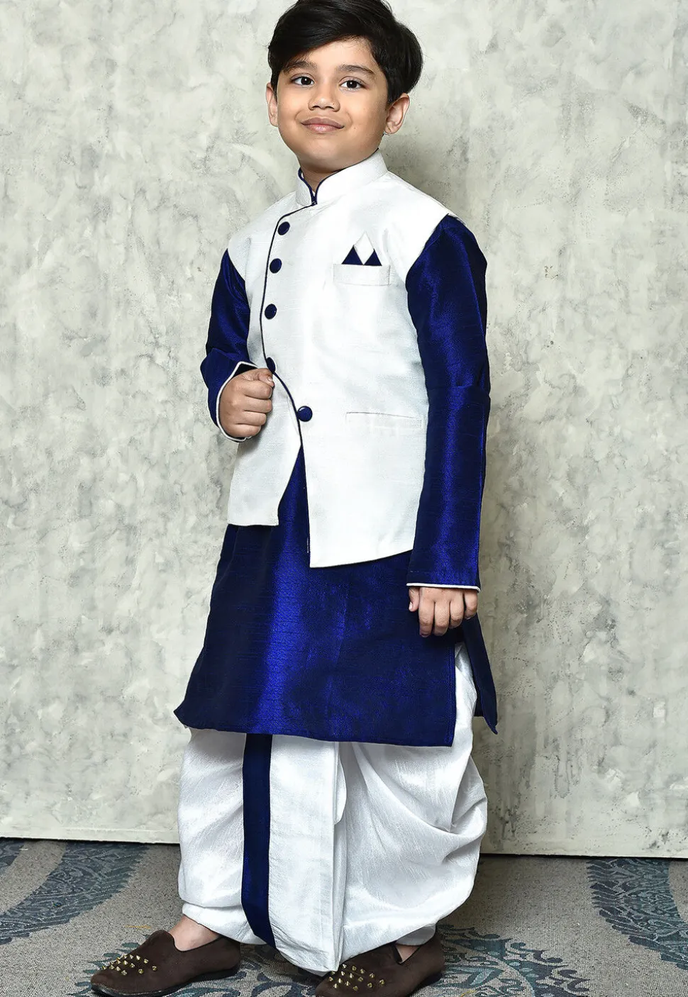 Contrast Trim Dupion Dhoti Kurta Jacket in Royal Blue and White