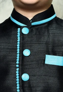 Contrast Trim Dupion Dhoti Kurta Jacket in Light Blue and Black