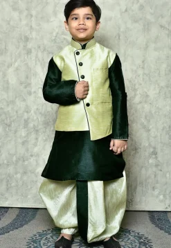 Contrast Trim Dupion Dhoti Kurta Jacket in Green