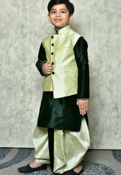 Contrast Trim Dupion Dhoti Kurta Jacket in Green
