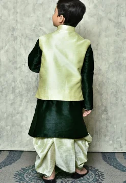 Contrast Trim Dupion Dhoti Kurta Jacket in Green