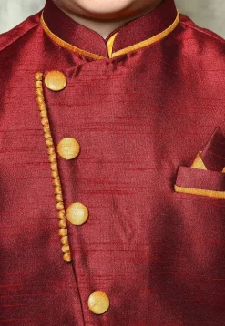Contrast Trim Dupion Dhoti Kurta Jacket in Mustard and Maroon