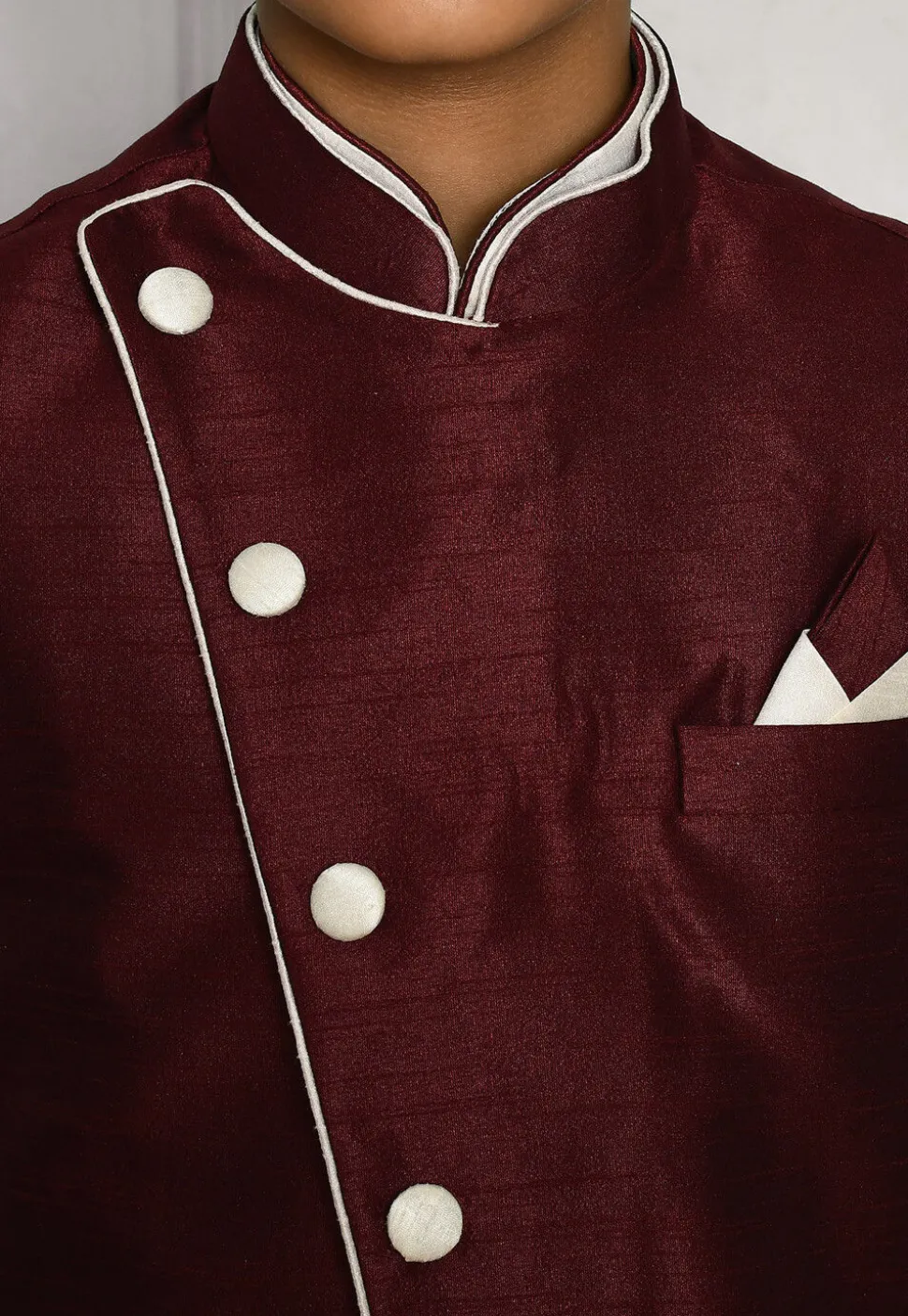 Contrast Trim Dupion Dhoti Kurta Jacket in Off White and Maroon