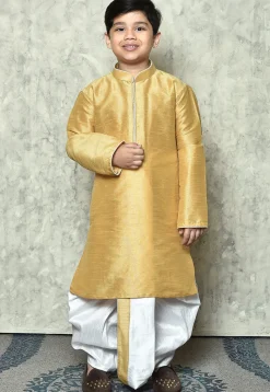 Contrast Trim Dupion Silk Dhoti Kurta in Beige