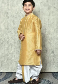 Contrast Trim Dupion Silk Dhoti Kurta in Beige