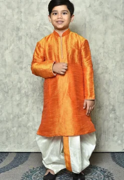 Contrast Trim Dupion Silk Dhoti Kurta in Orange
