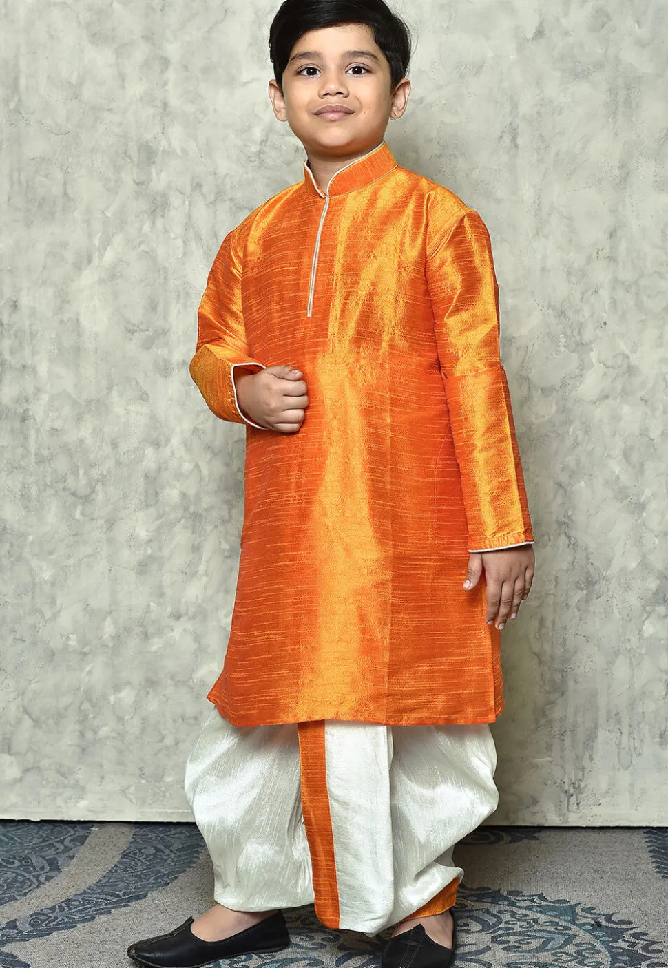 Contrast Trim Dupion Silk Dhoti Kurta in Orange