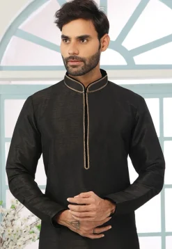 Contrast Trim Dupion Silk Kurta Set in Black
