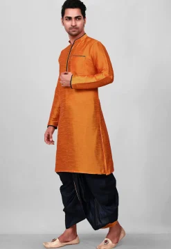 Contrast Trim Dupion Silk Dhoti Kurta in Orange