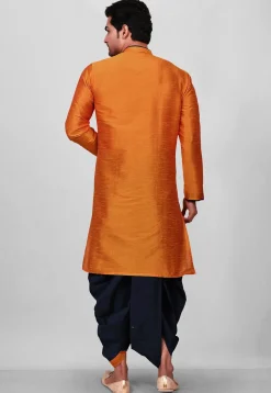 Contrast Trim Dupion Silk Dhoti Kurta in Orange