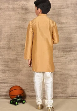 Contrast Trim Dupion Silk Kurta Set in Peach
