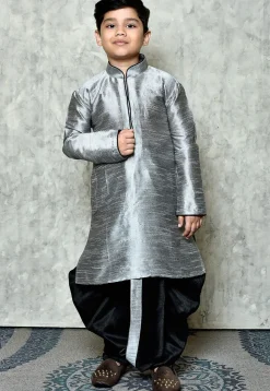 Contrast Trim Dupion Silk Dhoti Kurta in Grey