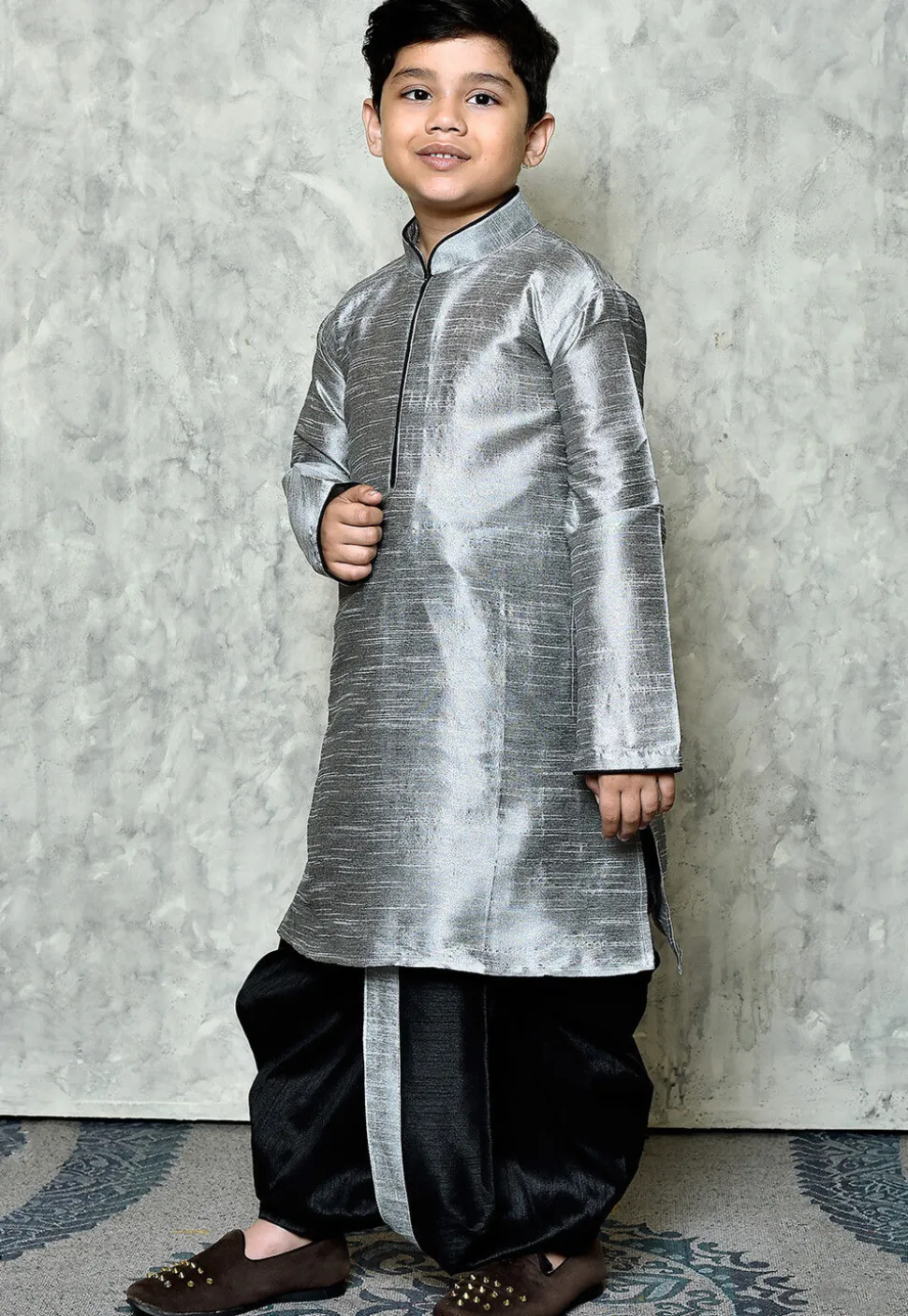 Contrast Trim Dupion Silk Dhoti Kurta in Grey