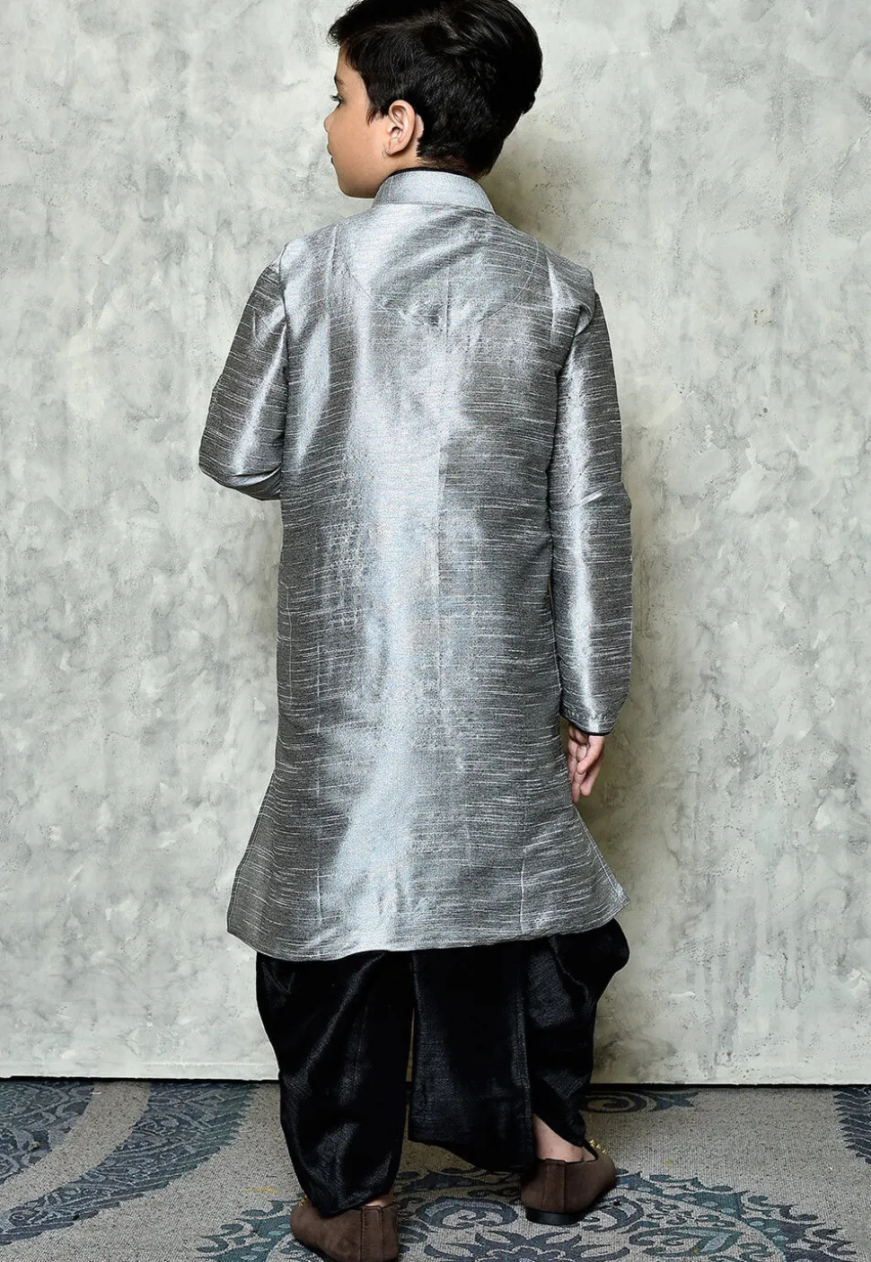 Contrast Trim Dupion Silk Dhoti Kurta in Grey