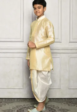 Contrast Trim Dupion Silk Dhoti Kurta in Light Beige