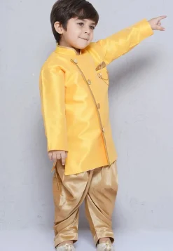 Contrast Trim Dupion Silk Kurta Set in Yellow