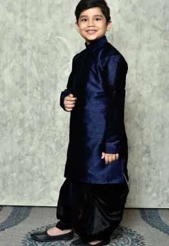 Contrast Trim Dupion Silk Dhoti Kurta in Navy Blue