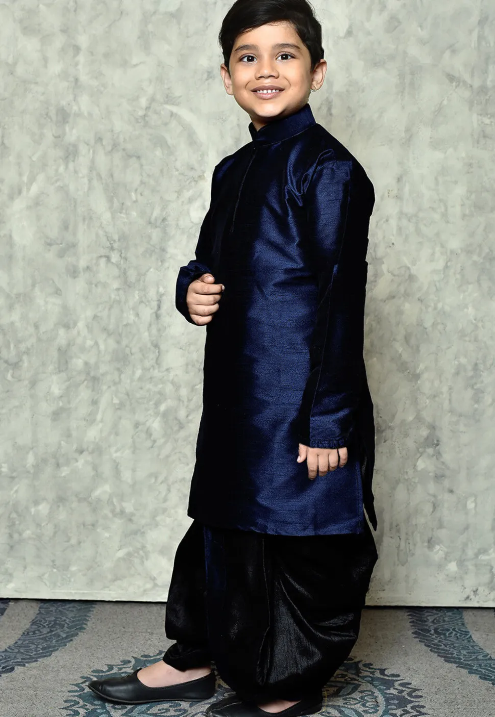 Contrast Trim Dupion Silk Dhoti Kurta in Navy Blue