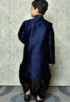 Contrast Trim Dupion Silk Dhoti Kurta in Navy Blue
