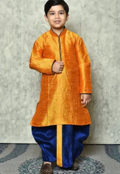 Contrast Trim Dupion Silk Dhoti Kurta in Orange