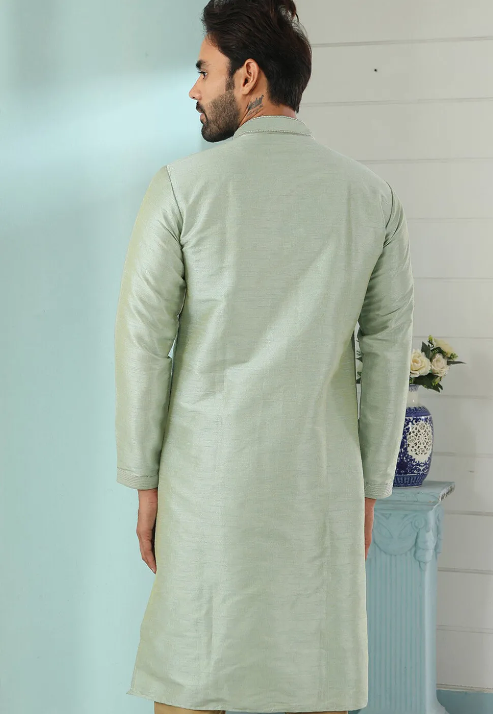 Contrast Trim Dupion Silk Kurta in Pastel Green