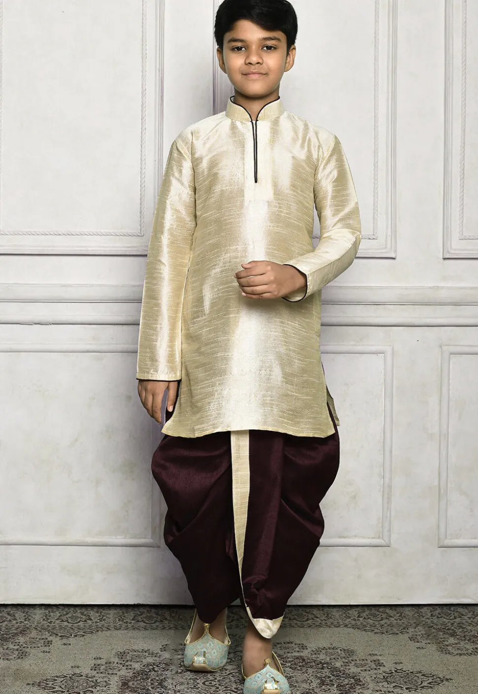 Contrast Trim Dupion Silk Dhoti Kurta in Light Beige